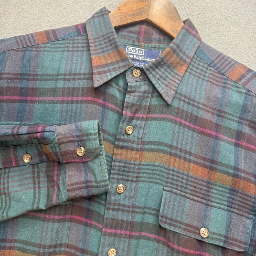 Polo Ralph Lauren Button Up Flannel Shirt Regular Large Plaid Cotton Wool Preppy